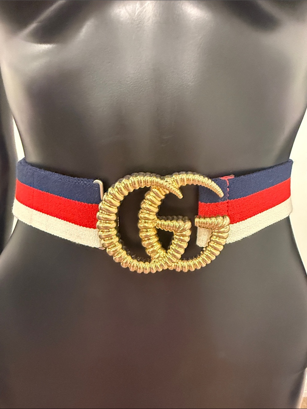NWT Gucci Web Double G Elastic Belt Navy Red Ivory Gold Buckle Size 75/36 Made i